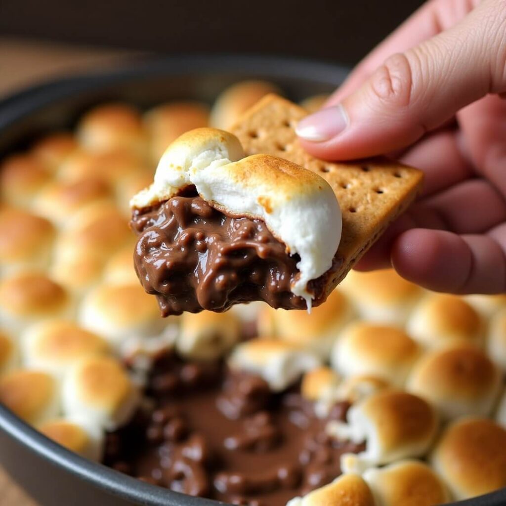 air fryer smores dip with toasted marshmallows and melted chocolate