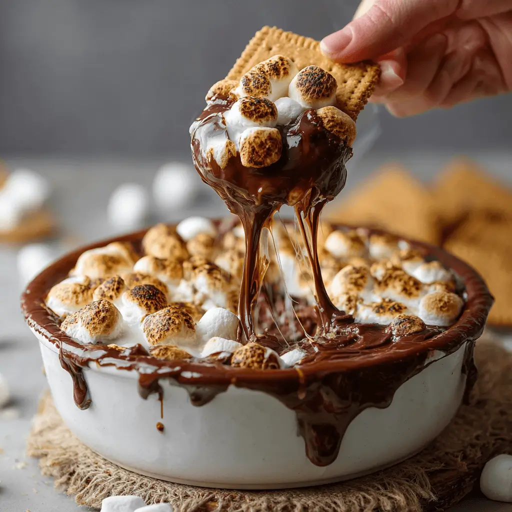 air fryer smores dip with toasted marshmallows and melted chocolate