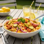BBQ pasta salad recipe in a summer setting