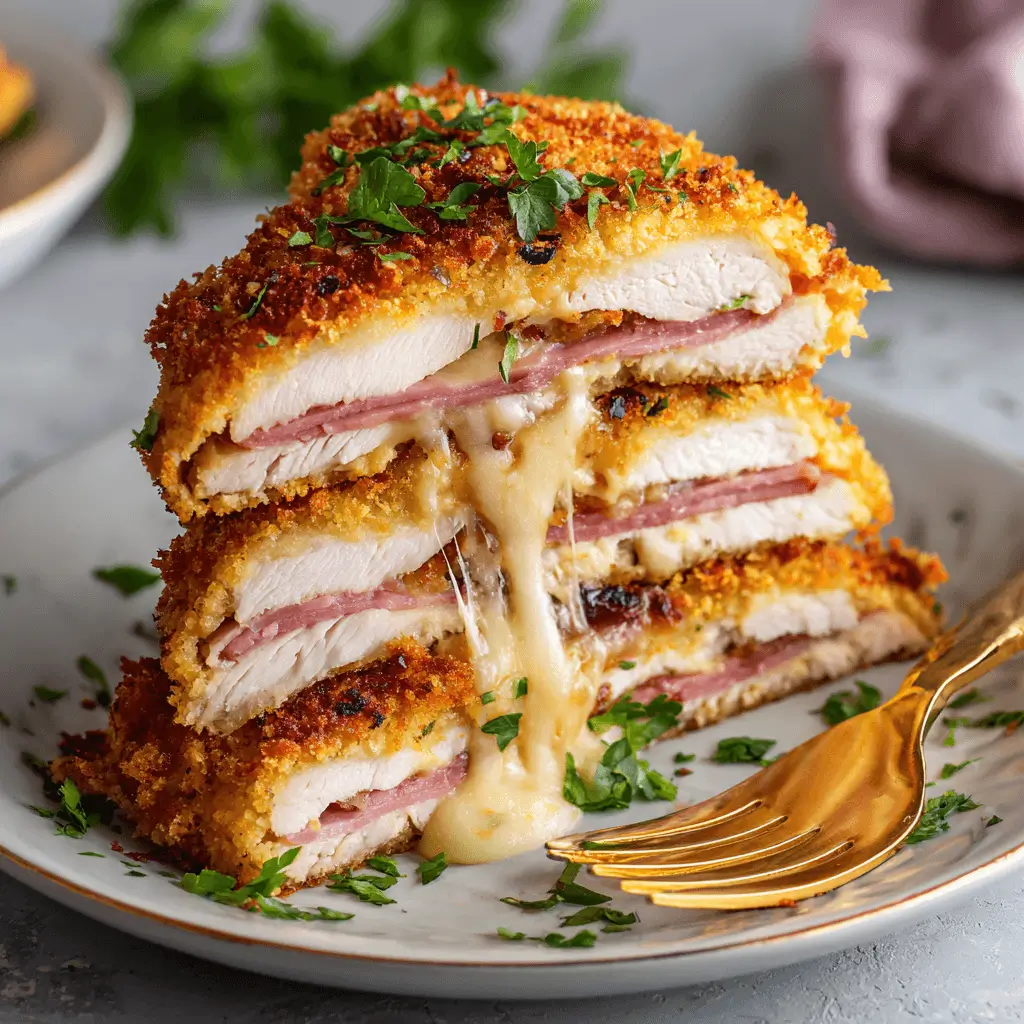 chicken cordon bleu air fryer recipe with golden crust and melted cheese