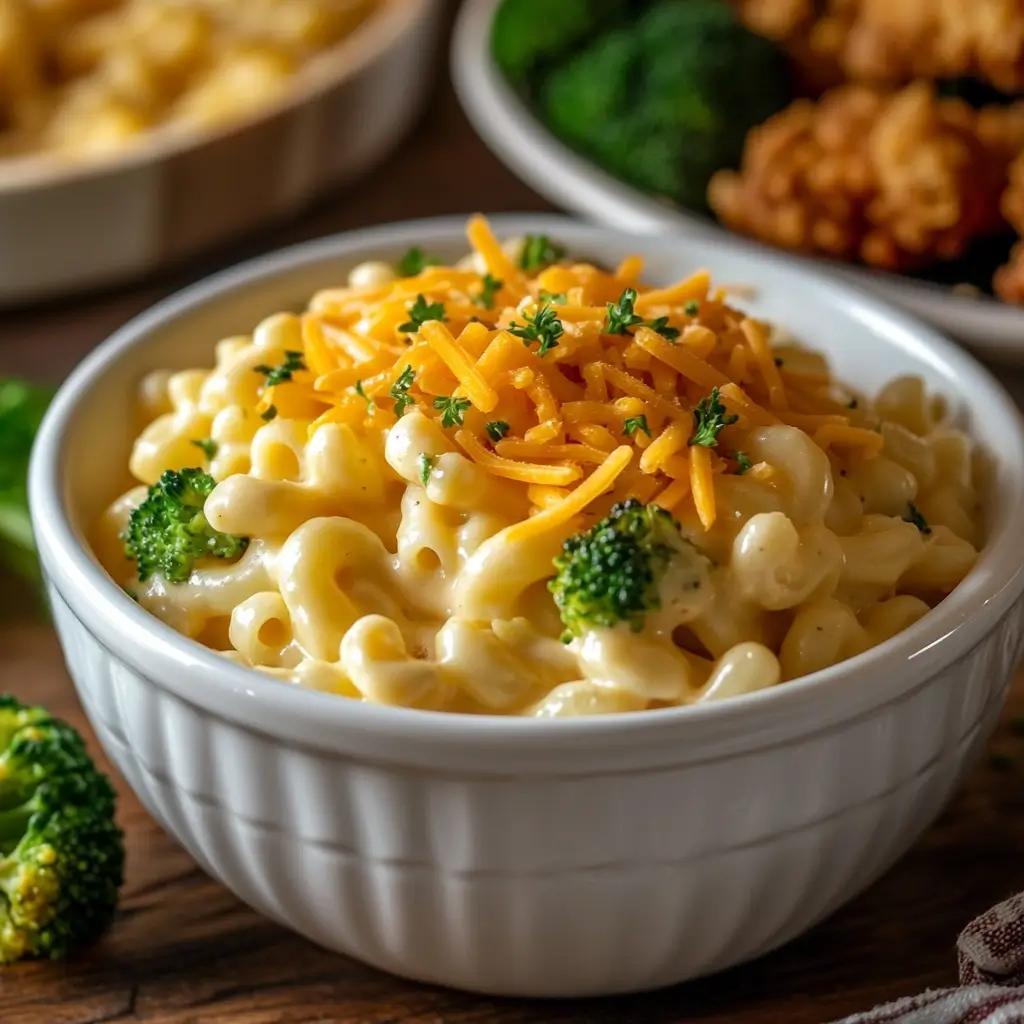 Serving of slow cooker Velveeta mac and cheese with fried chicken