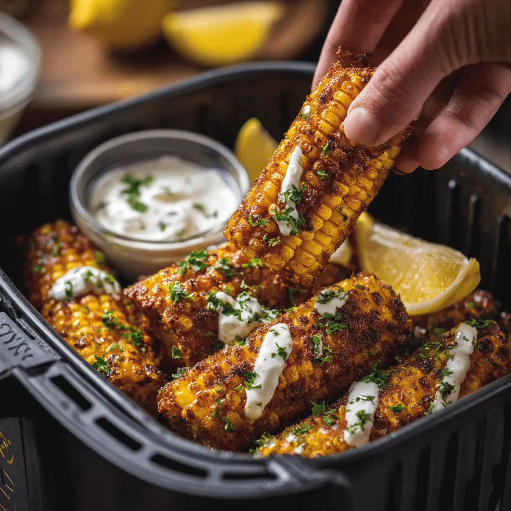 Crispy corn ribs air fryer recipe served with dip