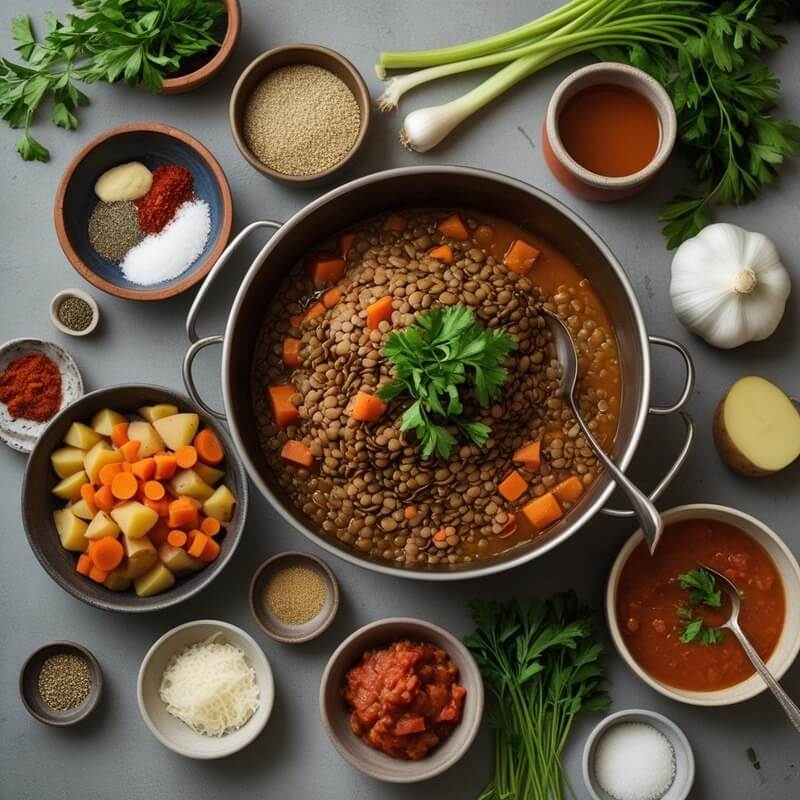 Slow cooker lentil stew ingredients displayed on a kitchen counter