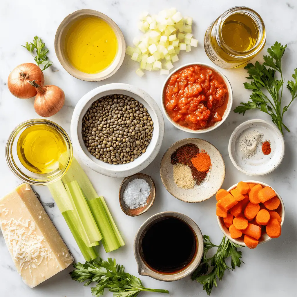 Slow cooker lentil stew ingredients displayed on a kitchen counter