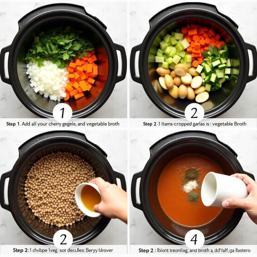 Crockpot lentil stew being prepared with fresh vegetables