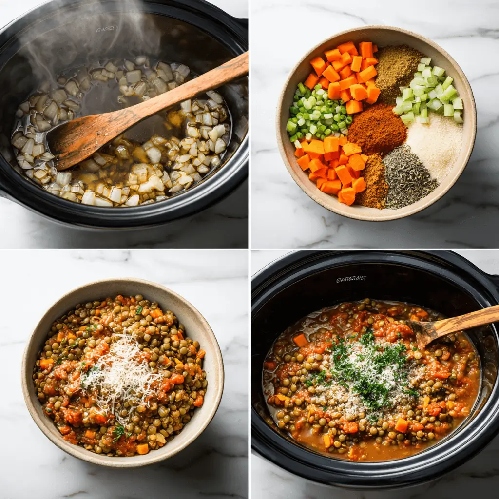 Crockpot lentil stew being prepared with fresh vegetables