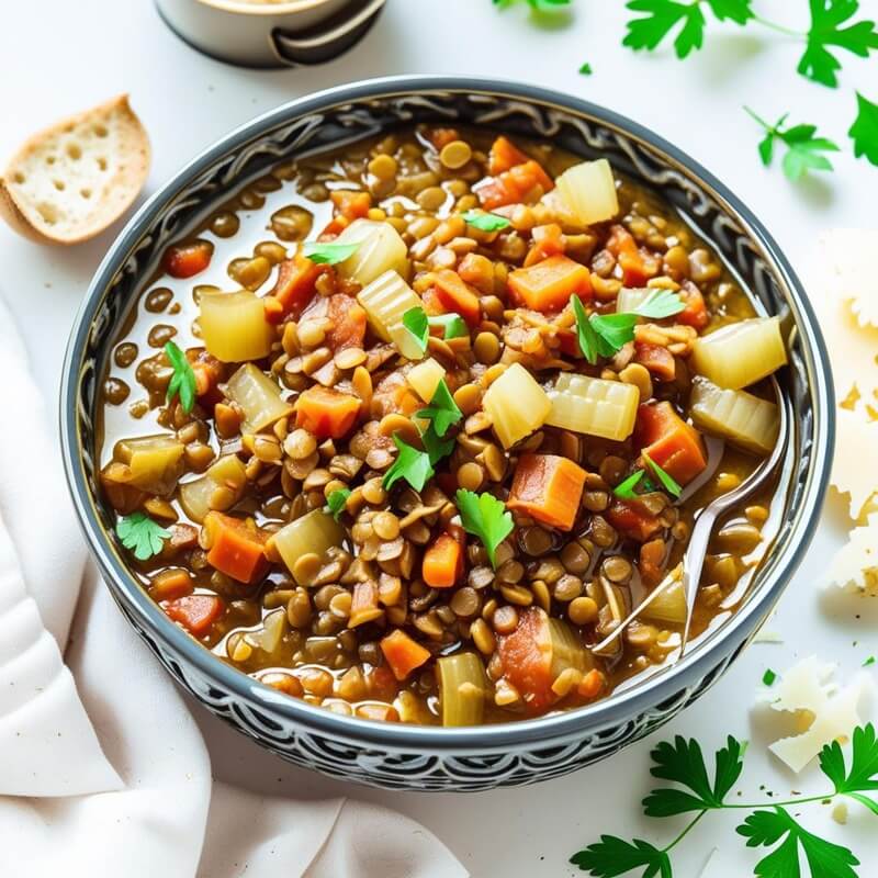 Hearty lentil stew recipe slow cooker style with vegetables