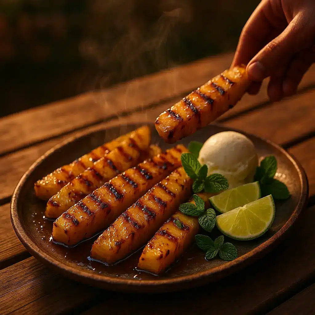 Served Brazilian BBQ Pineapple with Lime and Ice Cream