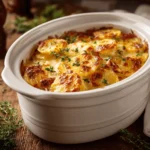 Slow cooker scalloped potatoes recipe with golden cheese top
