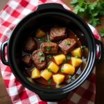 Tender slow cooker steak and potatoes in rich savory sauce