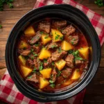Tender slow cooker steak and potatoes in rich savory sauce
