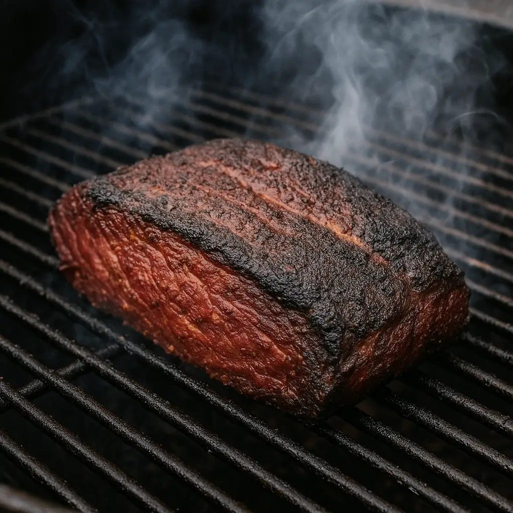 Smoking BBQ corned beef brisket on grill