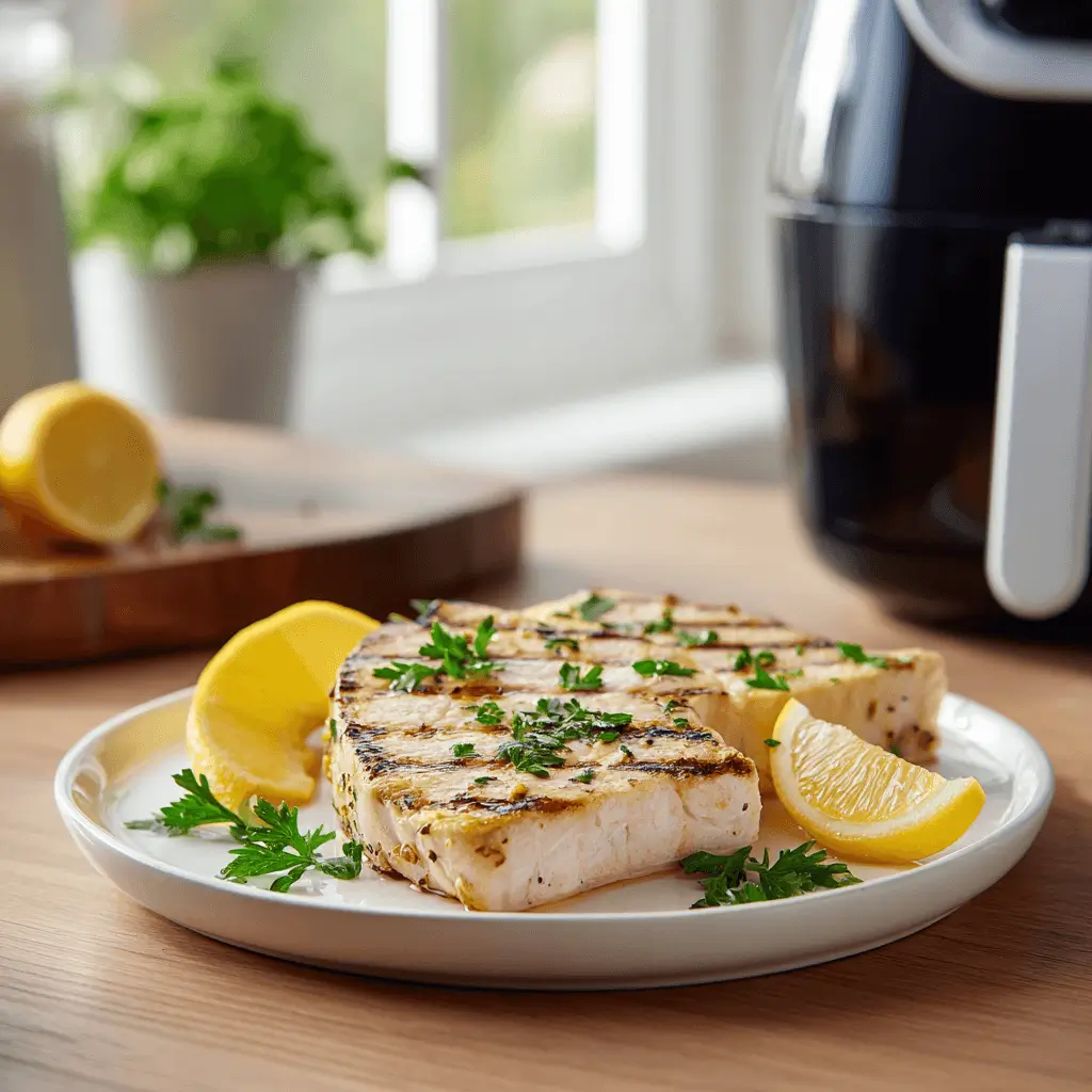 swordfish steak air fryer recipe plated with lemon