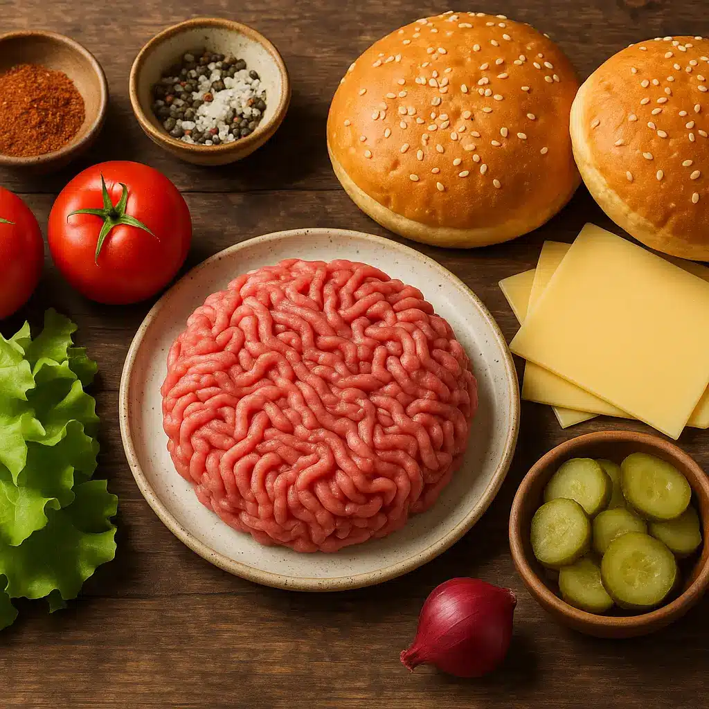 ngredients for weber bbq burger recipe with buns and ground beef