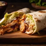 BBQ chicken wrap sliced open with sauce and greens