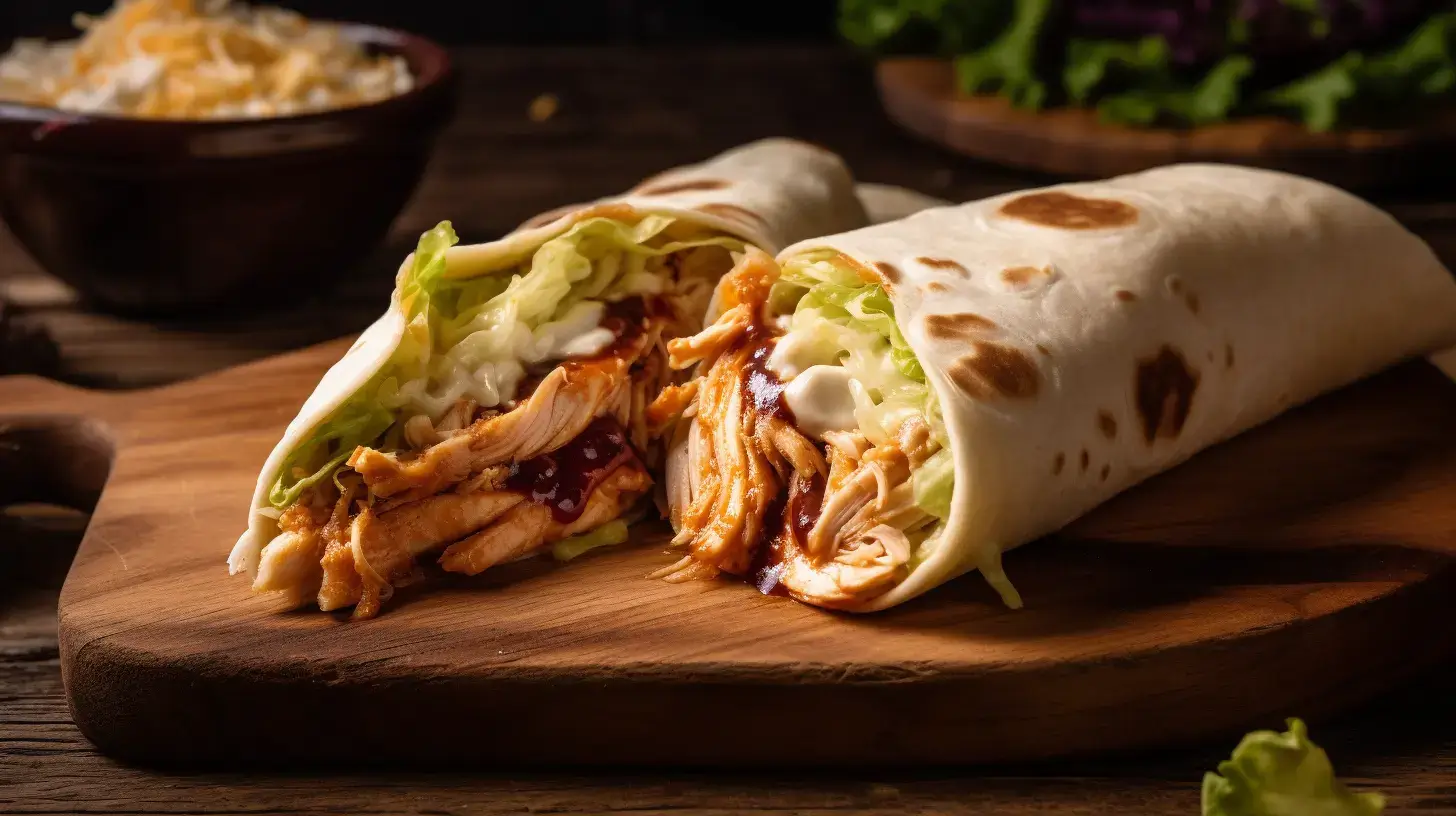 BBQ chicken wrap sliced open with sauce and greens