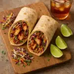 BBQ chicken wrap sliced on a wooden board with slaw
