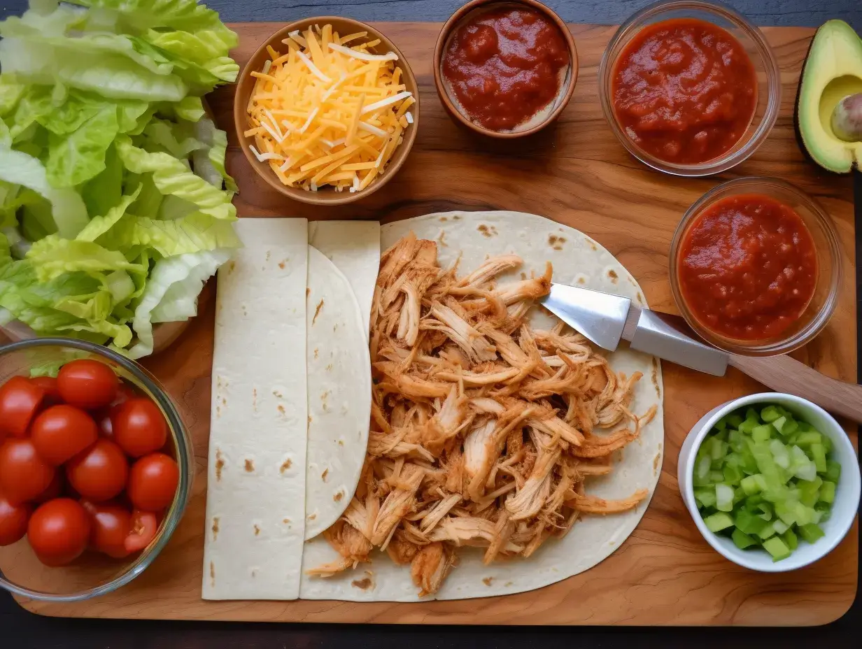  Ingredients for BBQ chicken wrap on wooden board