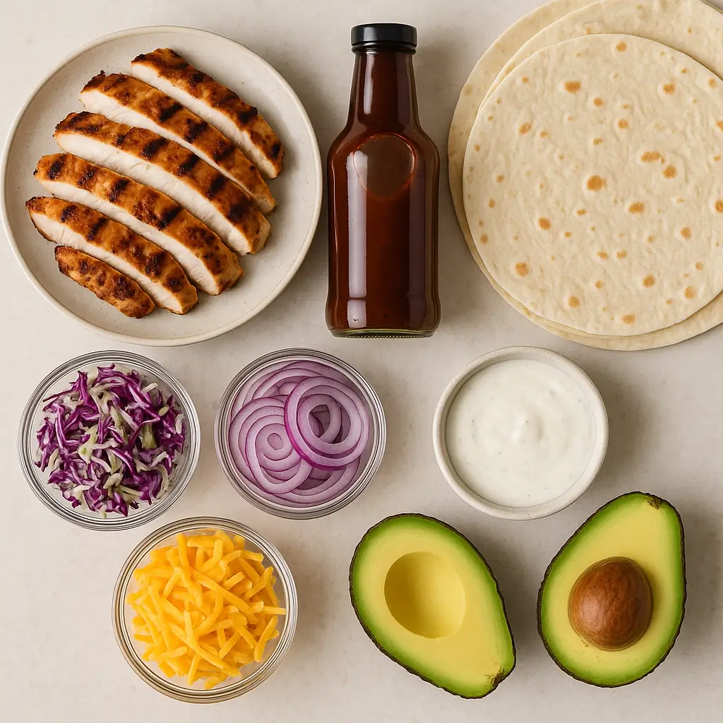 BBQ chicken wrap ingredients laid out on kitchen counter