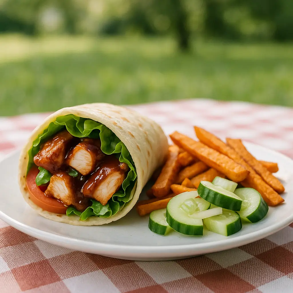 bbq-chicken-wrap-served BBQ chicken wrap plated with sides