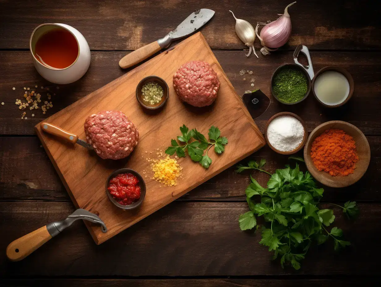 BBQ meatball ingredients on wooden board