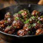 Sticky BBQ beef meatballs in skillet with glaze