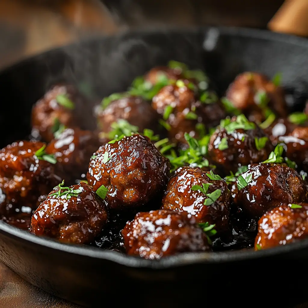 Sticky BBQ beef meatballs in skillet with glaze