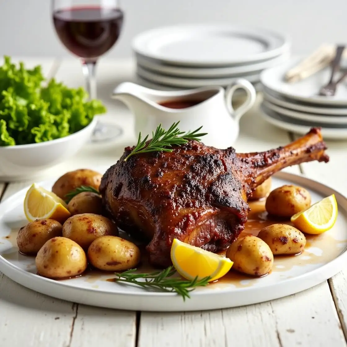 Slow-cooked Costco lamb leg with garlic and lemon