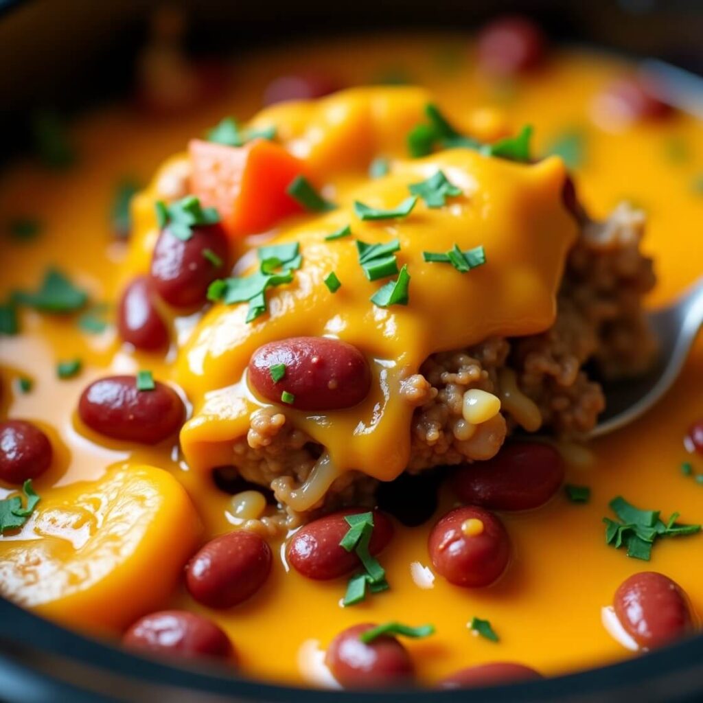 Cowboy slow cooker casserole served hot in a bowl