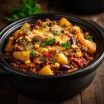 Cowboy slow cooker casserole served hot in a bowl