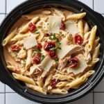 high protein slow cooker recipe with creamy chicken pasta