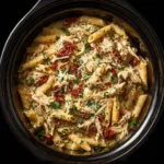 high protein slow cooker recipe with creamy chicken pasta