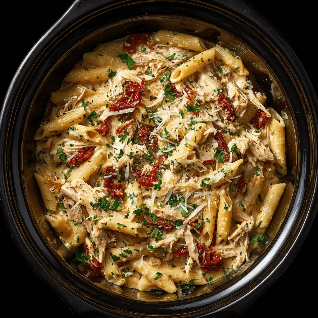 high protein slow cooker recipe with creamy chicken pasta