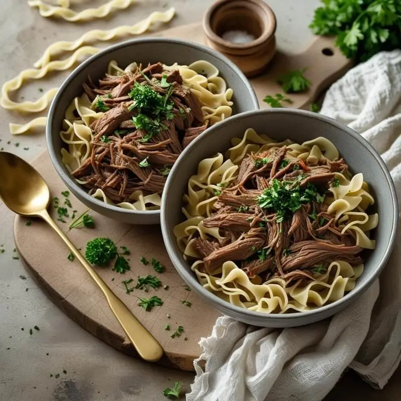 Slow cooker beef and noodles mid-cook
