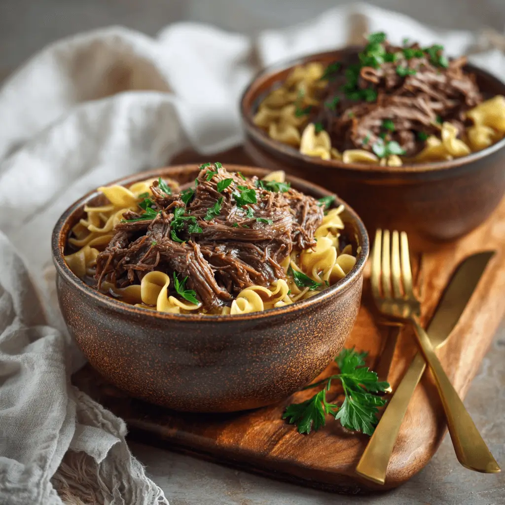 Slow cooker beef and noodles in a ceramic bowl