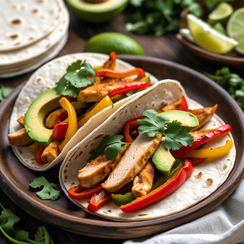 Slow cooker chicken fajitas with tortillas and toppings