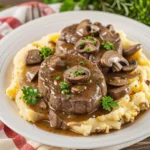 Slow cooker round steak with onions, mushrooms, and gravy