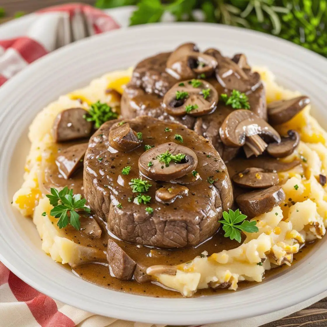 Slow cooker round steak with onions, mushrooms, and gravy