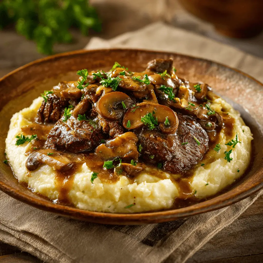 Slow cooker round steak with onions, mushrooms, and gravy