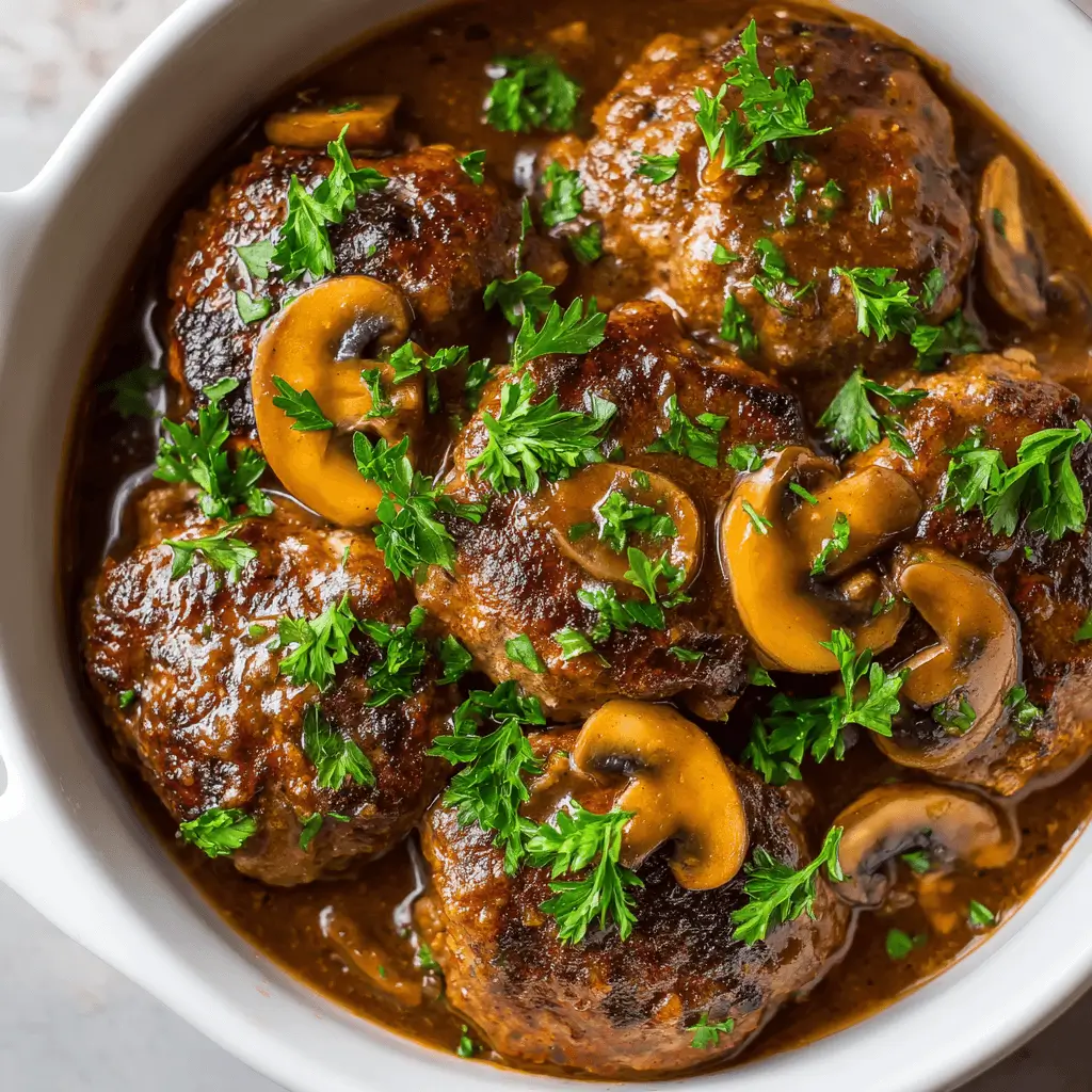 Slow cooker salisbury steak with mushroom gravy on plate