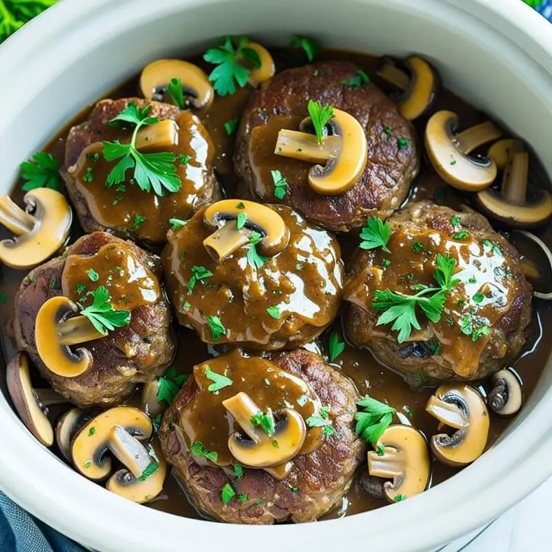Slow cooker salisbury steak with mushroom gravy on plate