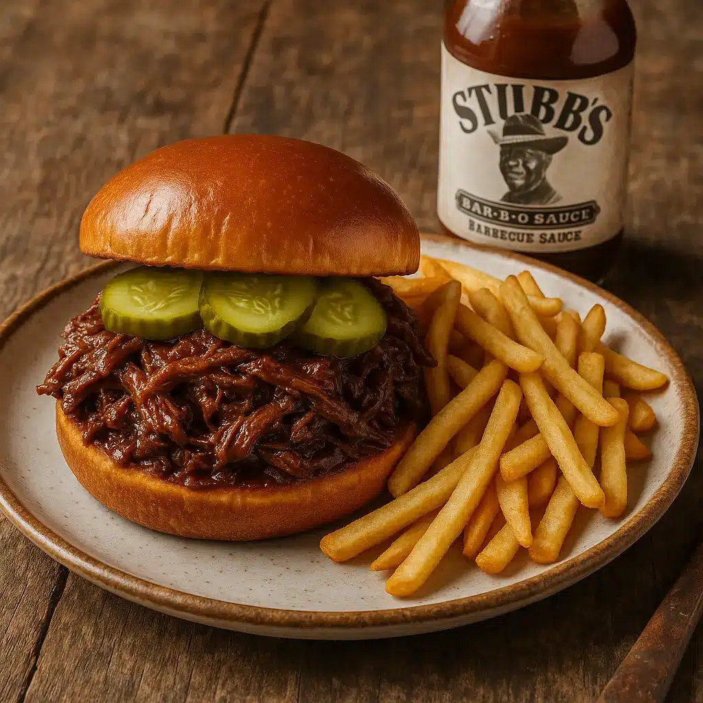 Pulled beef sandwich made with Stubb’s barbecue sauce