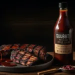 Stubb’s BBQ Sauce with ribs on rustic table