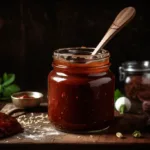 Jar of sugar-free barbecue sauce with ingredients
