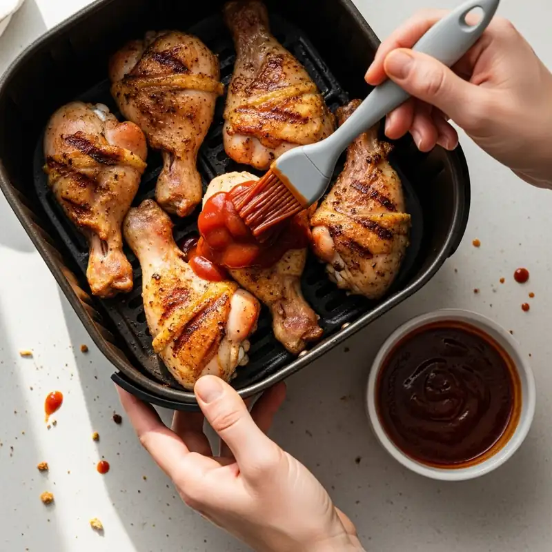 raw seasoned chicken drumsticks in air fryer being brushed with BBQ sauce