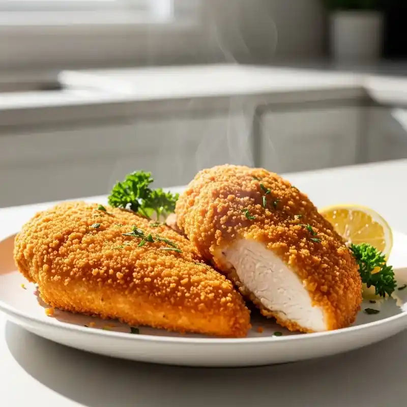 hot breaded air fryer chicken breast sliced on white plate with steam rising and parsley garnish