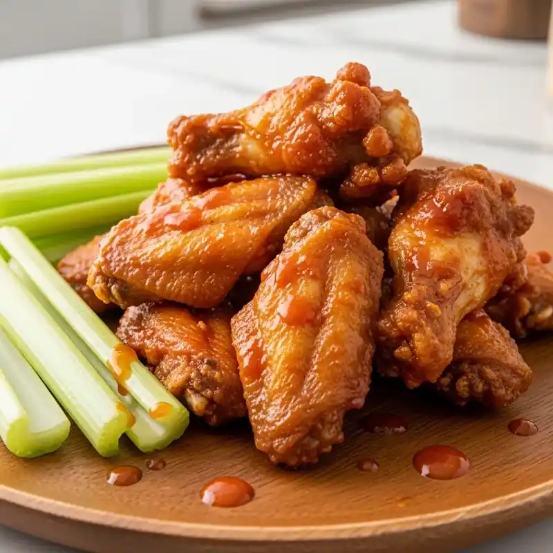 stack of crispy air fryer buffalo chicken wings with celery sticks on wooden plate