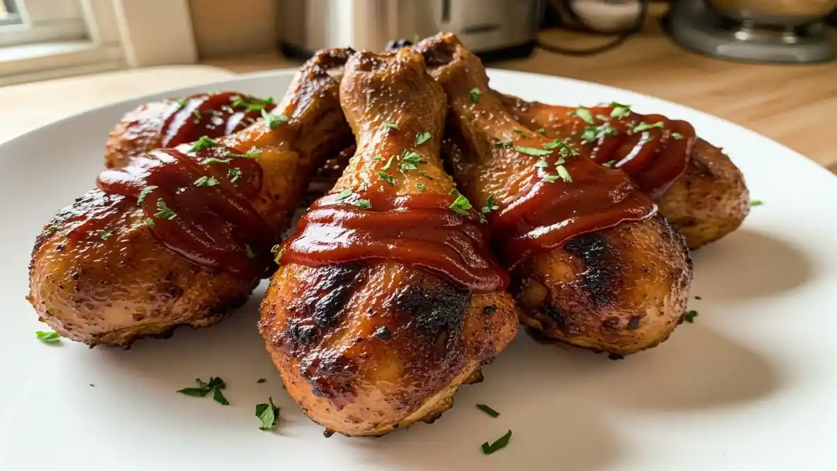 juicy grilled BBQ chicken drumsticks topped with barbecue sauce and fresh parsley