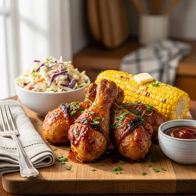 BBQ chicken drumsticks served with grilled corn, coleslaw, and ketchup on a wooden board