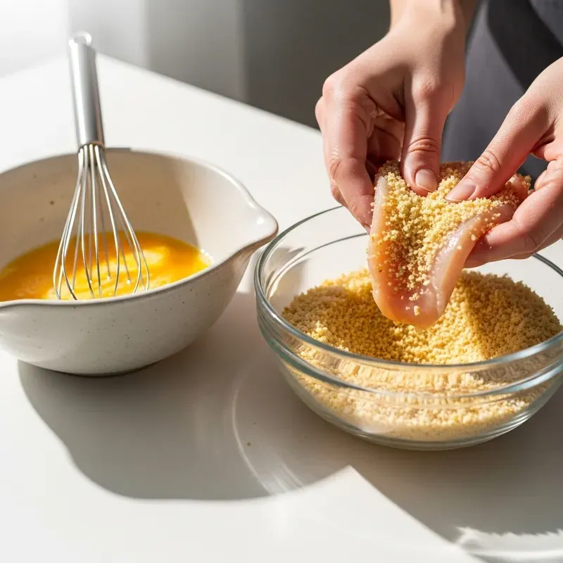 hands coating raw chicken breast in breadcrumbs beside bowl of whisked eggs on white counter